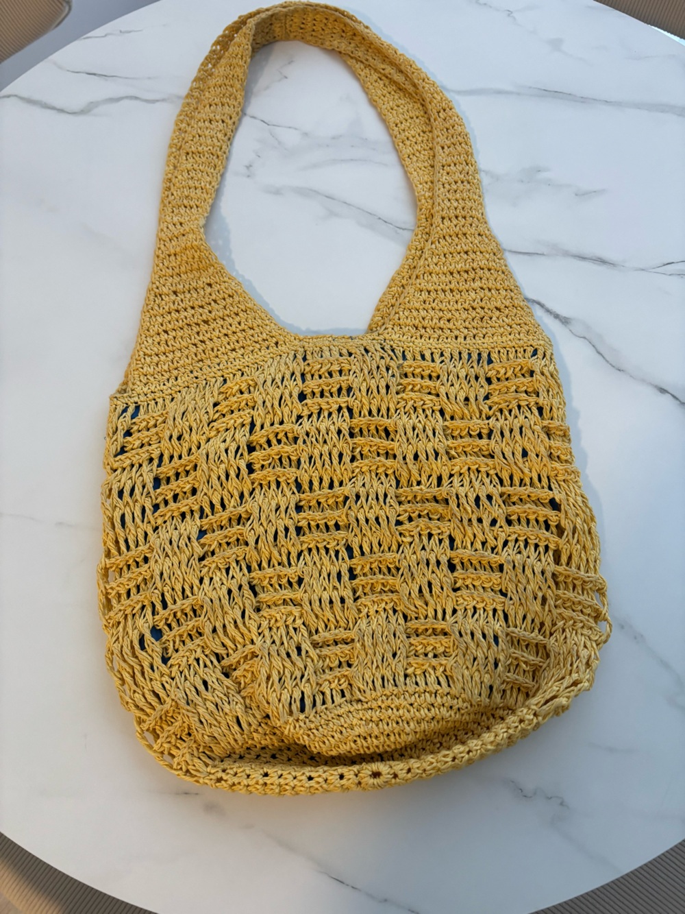 Yellow Crochet Shoulder Bag with Blue Flower Accent - Picture 2 of 5